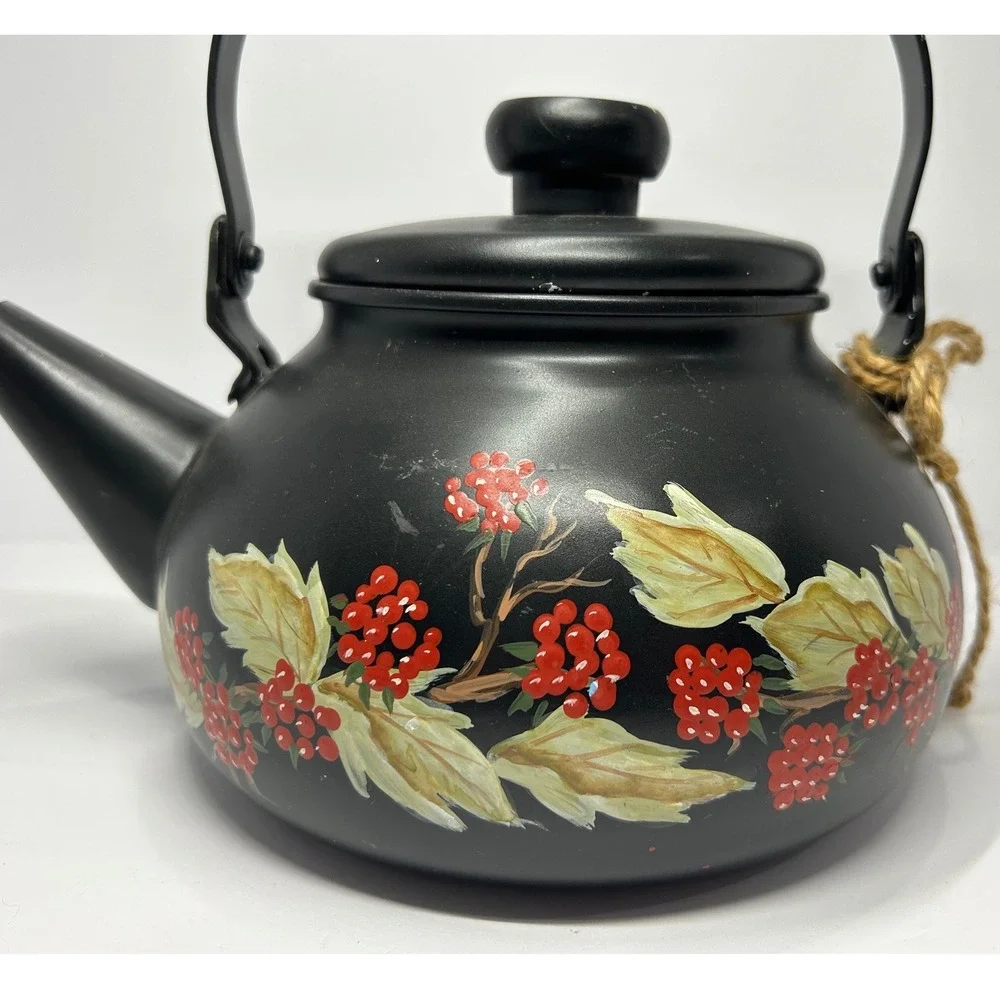 Hand Painted Matte‎ Black Tea Kettle Bird and Red Berries Decorative Farmhouse